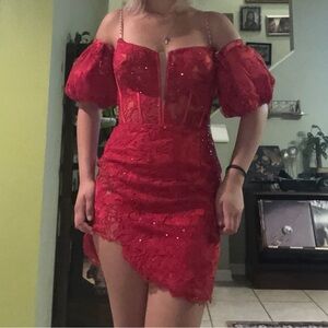 Sherri Hill Red Lace Off-Shoulder Mini Dress with Puff Sleeves